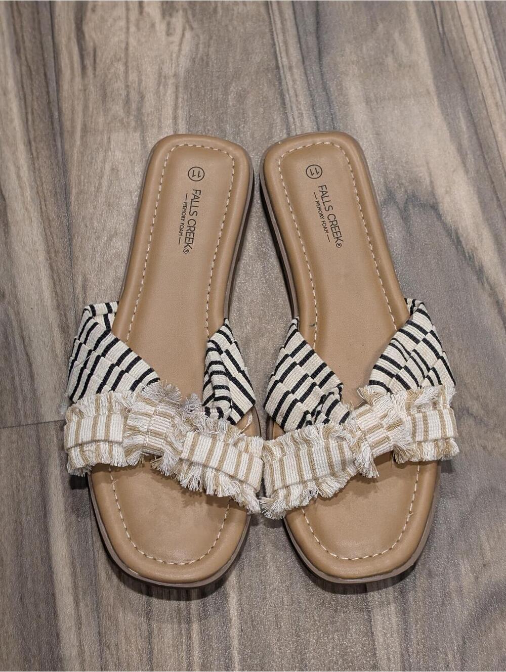Falls Creek Memory Foam Slip-On Sandals with Striped Fabric Bow Accent Size 11